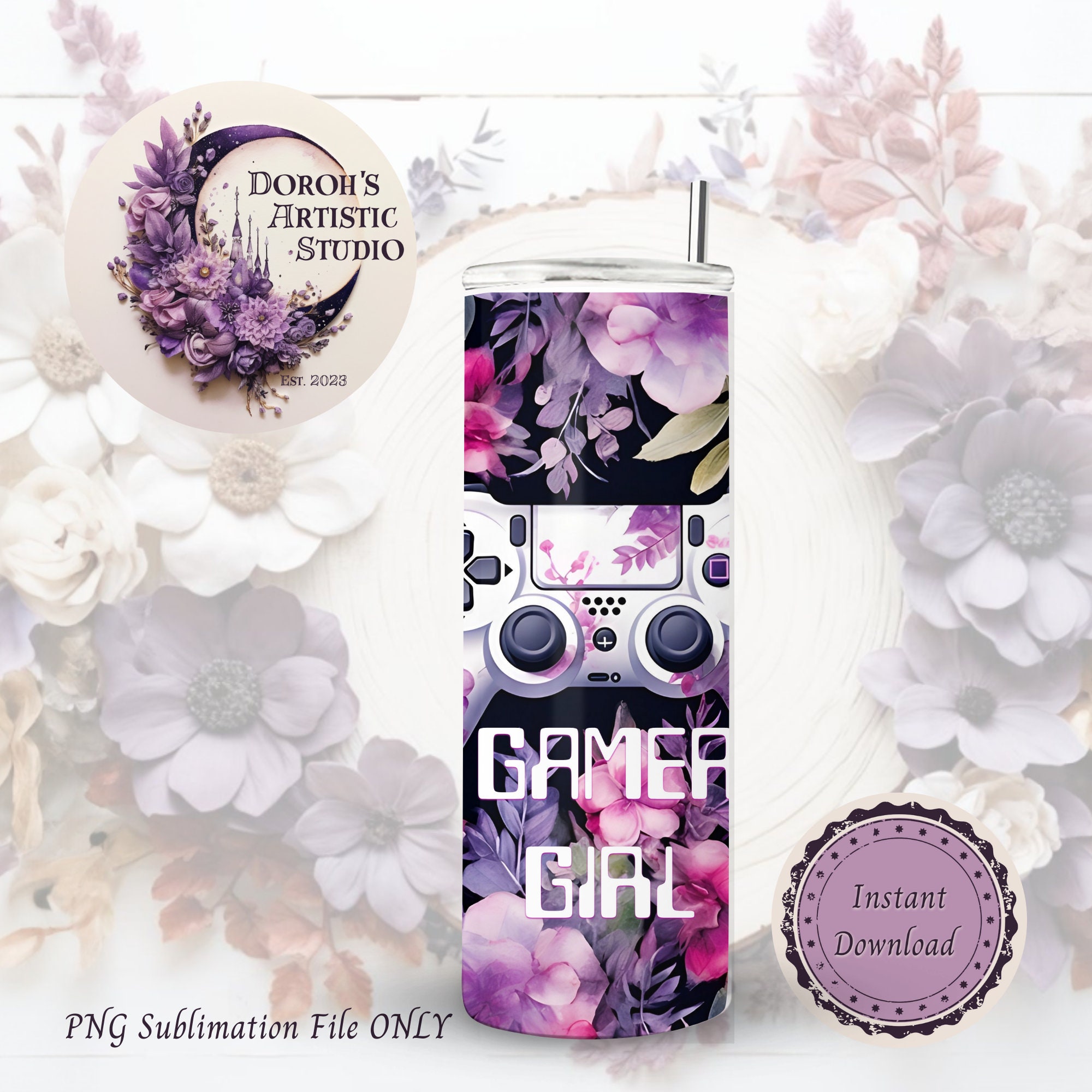 Gamer Girl Floral Game Controller 20 Oz Skinny Tumbler Digital Design ...