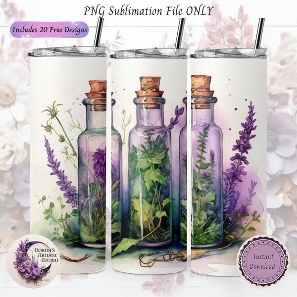 Witches Vials and Herbs 20 oz Skinny Tumbler Digital Design PNG Instant Download File ONLY Gift Witch Wiccan Pagan Herbal Tincture Lavender