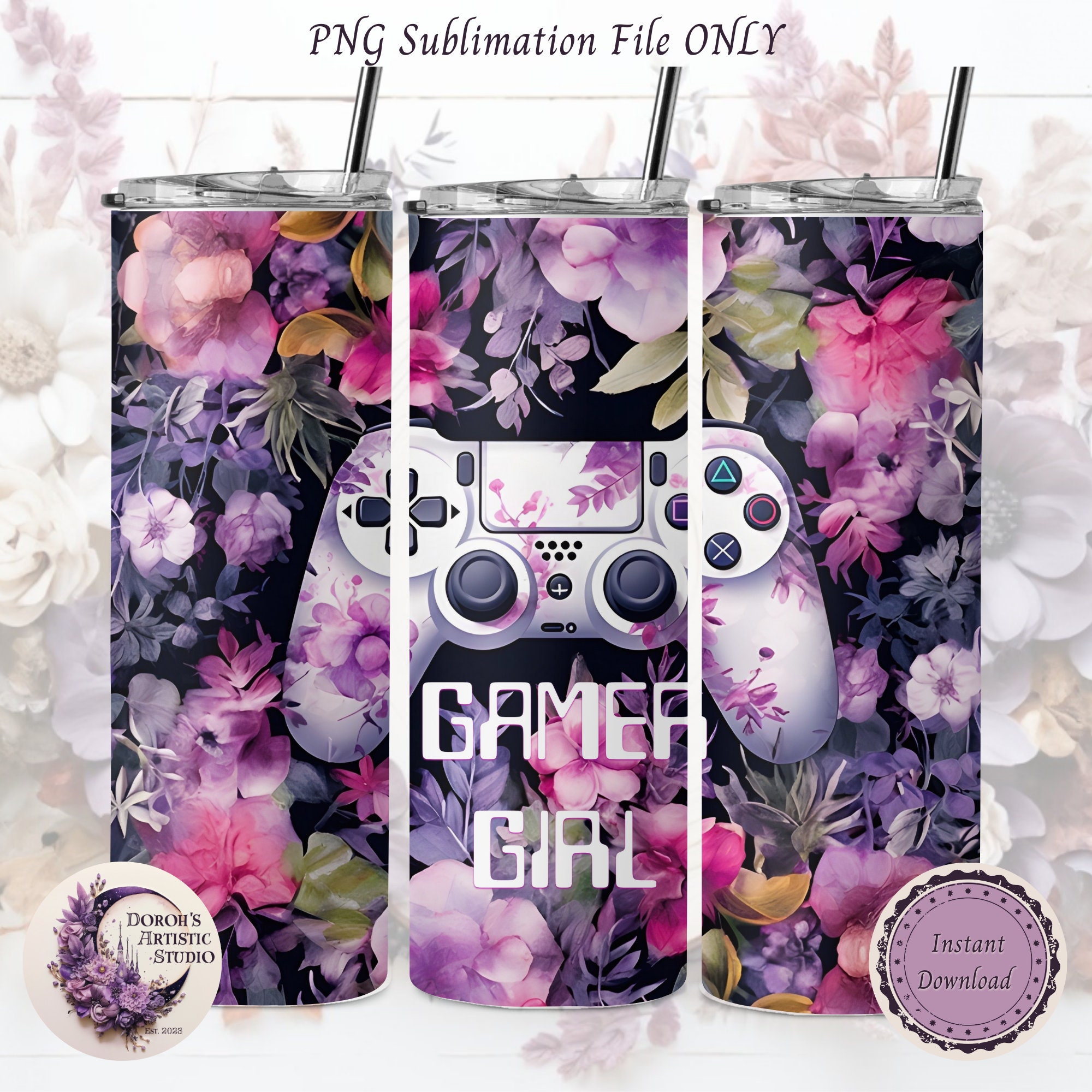 Gamer Girl Floral Game Controller 20 Oz Skinny Tumbler Digital Design ...