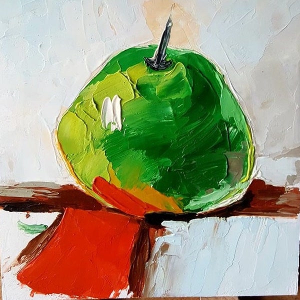 Pomme verte, peinture à l'huile sur toile, petite nature morte, fruit, oeuvre d'art originale personnalisée pour murs, empâtement texturé, personnalisé par Fusion