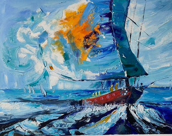 Sailboat Oil Painting Seascape Original Art Nautical Impasto Textured Modern Art Personalized gift Housewarming for men by FusionArt