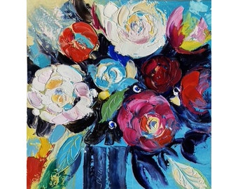 Pivoines, peinture à l'huile florale originale, oeuvre d'art florale, peinture abstraite personnalisée en 3D, empâtement texturé, coup de pinceau, oeuvre d'art par Fusio