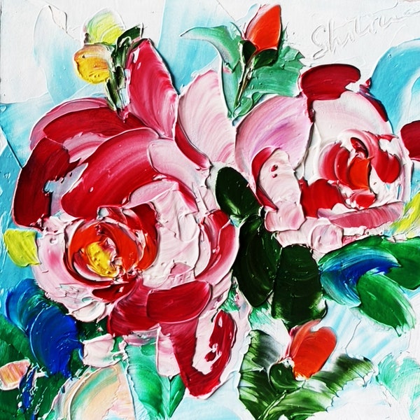 Red Peonies Painting Flower Original Art Floral Artwork Impasto Textured Modern Painting 3D Small Tiny Bride Colors Colorful by FusionArt