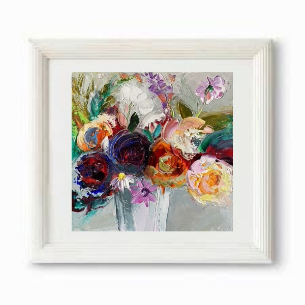 Pivoines peinture à l'huile originale pastorale fleur oeuvre texturée Bouquet baroque floral coup de pinceau 3D fleuri cadeau de pendaison de crémaillère pour maman par Fu
