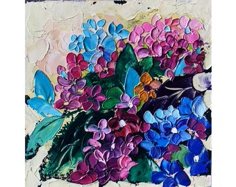 Hydrangea Oil Painting Flower Original Art Hand Painted Floral Artwork Impasto Textured Modern Painting 3D Violet Teal Silver Leaf by Fusion