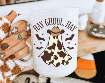 Retro Halloween Coffee Mug, Cow Ghost Western Coffee Cup, Hey Ghoul Hey, Western Halloween 11oz 15oz Mug, Spooky Season Retro Ghost, Funny
