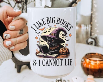 Black Cat Halloween Coffee Mug, Witch Coffee Cup, Spooky Season, Cute Halloween Fall Mug, Cat Lover Mug, Vintage Cat Reading, Book Lover Mug
