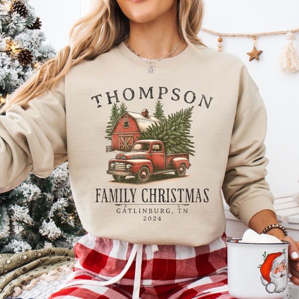 Custom Family Christmas Sweatshirts, Rustic Farmhouse Pickup Truck Matching Christmas Sweatshirt, Personalized Vintage Christmas Pullover