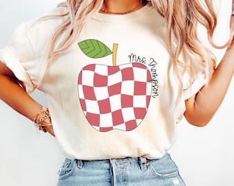 Custom Teacher Comfort Colors® Shirt, Checkered Apple Teacher Name Tee, Back To School T-Shirt, Teacher Appreciation Shirt, Gift For Teacher