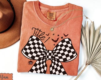 Title 1 Comfort Colors® Halloween Checkered Bow Shirt, Retro Bow Title One Math Tee, First Day of School, Reading Support Specialist Teacher