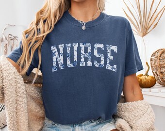 Floral Nurse Comfort Colors Shirt, Blue Toile Wildflower Shirt, Gift For RN, ER Nurse Tee, Nurse Practitioner Gift, Nursing School Grad