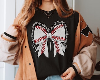 Baseball Bow Comfort Colors® Shirt, Sports Mom Bible Verse Shirt, Christian Bow Tee, Baseball Mom Faith, Cute Baseball Season T-Shirt
