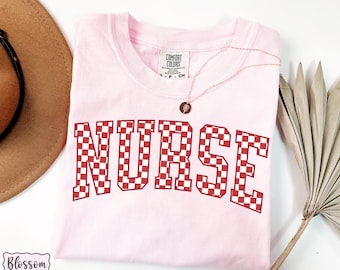 Nurse Comfort Colors Checkered Shirt, Cute RN Valentines Day T-Shirt, Registered Nurse Gift, Red Checker ER Nurse Tee, Trendy Nurse Shirt