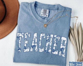 Teacher Floral Comfort Colors® Shirt, Blue Toile Wildflower, Teacher Appreciation Gift, Gift For Teacher, Back To School Tee, Cute Teaching