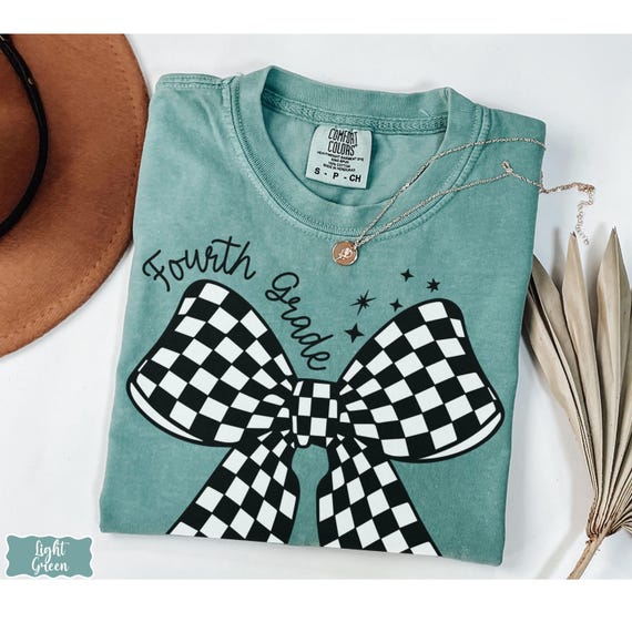 Fourth Grade Teacher Comfort Colors® Checkered Bow Shirt, Retro Checker Bow Elementary School Tee, First Day of School, Teacher Team Shirts