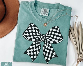 Checkered Bow Comfort Colors® Shirt, Retro Black Check Racing Tee, Black White Race Day Ribbon Shirt, Coquette Checkered Bow, Gothic Grunge