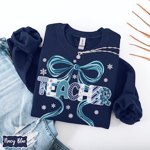 Teacher Snowflake Sweatshirt, Teacher Bow Christmas Sweatshirt, Coquette Winter Sweatshirt, Christmas Gift For Teacher, Holiday Teacher