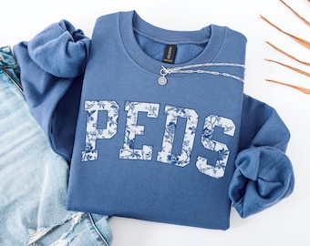 Pediatric Crew Floral Sweatshirt, Blue Toile Wildflower Sweatshirt, Cute PEDS Nurse Sweatshirt, Gift For Registered Nurse, Floral ER Nurse
