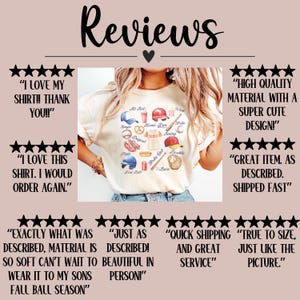May include: Five customer reviews for a baseball themed t-shirt. The reviews are all positive and include comments like "I love my shirt!" and "High quality material with a super cute design!"