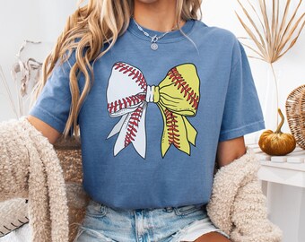 Softball Baseball Bow Comfort Colors® Shirt, Sports Mom Shirt, Softball Baseball Bow Tee, Baseball Mama Shirt, Cute Softball Season T-Shirt