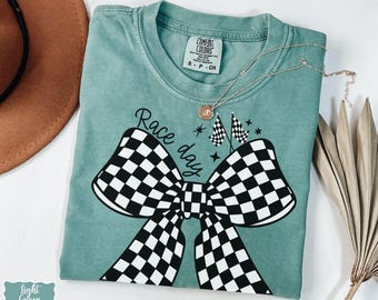 Checkered Bow Racing Comfort Colors® Shirt, Retro Black Check Racing Tee, Black White Race Day Ribbon Shirt, Checkered Flag Pit Crew Shirt