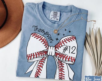 Custom Baseball Number Comfort Colors® Shirt, Baseball Bow Tee, Personalized Baseball Player Shirt, Baseball Fan Gift, Sports Mom, Game Day