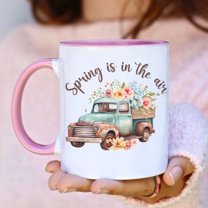 Spring Colored Handle Coffee Mug, Spring Is In The Air, Old Farm Truck Coffee Mug, Wildflowers Mug, Colorful Floral Cup, Spring Time Mug