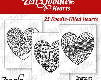 Zen Doodles Hearts PLR Pack | 25 Doodle-Filled Hearts | pdf and png | 300 dpi | Commercial and POD Use | PLR License