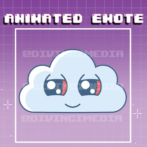May include: Animated emote featuring a cartoon cloud with a smiling face, large eyes, and red accents. The cloud is light blue with a white outline, set against a purple grid background. Text at the top reads "ANIMATED EMOTE".