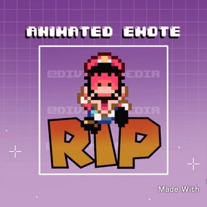 May include: Animated pixel art emote of a character wearing a red hat and blue overalls sitting on the word "RIP" in orange and yellow. The background is purple with a grid pattern.