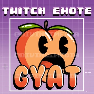 May include: A peach-colored cartoon peach with a surprised expression and the word "CYAT" written below it. The peach has large black eyes and a wide open mouth. The background is a purple grid.