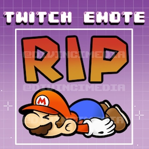 May include: A Twitch emote featuring a cartoon Mario character lying on his stomach with the word "RIP" in large, orange letters above him. The background is a purple grid.