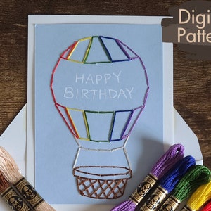 Carte de joyeux anniversaire en montgolfière A2 - Modèle de broderie à la main à télécharger
