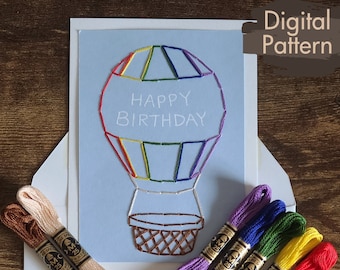 Happy Birthday Hot Air Balloon Card A2 Hand-Embroidery Pattern Download