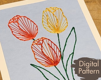 Tulip (Sunset) Card A2 Digital Pattern Download  |  Paper Embroidery  |  Home Decor