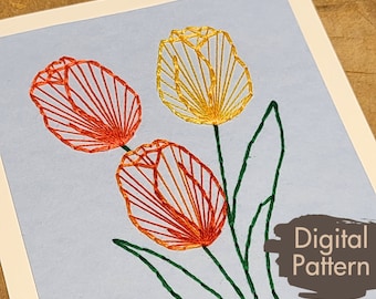 Tulip (Sunset) Card A2 Hand-Embroidery Pattern Download  |  Paper Embroidery  |  Home Decor