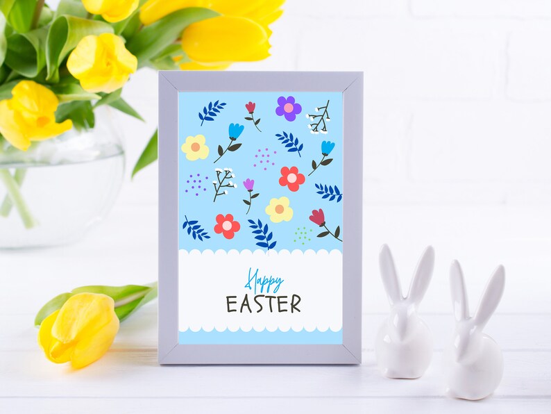Happy Easter Printable Wall Art Poster, Blue Flower Easter Printable