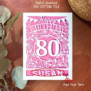 Cartão de aniversário de 80 anos SVG, cartão de corte de papel SVG de 80 anos, cartão de nome de aniversário SVG, modelo de cartão SVG, download digital instantâneo
