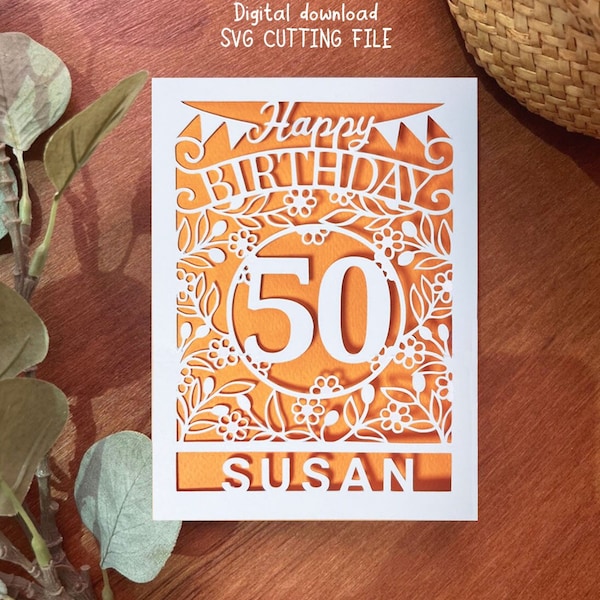 50e anniversaire carte svg, papercut carte SVG, nom carte svg, carte modèle SVG, téléchargement numérique instantané