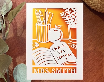 Carte de remerciement personnalisée professeur SVG : modèle Papercut (téléchargement numérique)