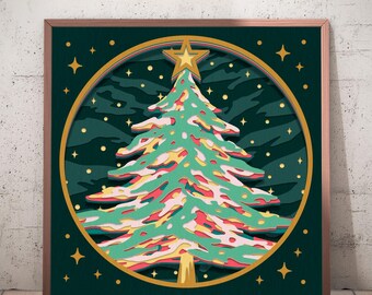Könnte beinhalten: Gerahmtes Weihnachtsbild mit einem Weihnachtsbaum. Das geschichtete Design zeigt einen grünen Baum mit gelben, rosa und weißen Akzenten, gekrönt von einem goldenen Stern. Der Baum befindet sich vor einem dunkelgrünen Hintergrund mit goldenen Sternen.