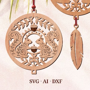 May include: Two wooden ornaments featuring squirrels and acorns in a circular design. The ornaments are made of light brown wood and have intricate details. The text "SVG. AI. DXF" is printed below the ornaments.