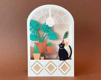 home with cat pop up card , paper room decor , Paper craft . 3d card svg, Card Template SVG instant Digital Download