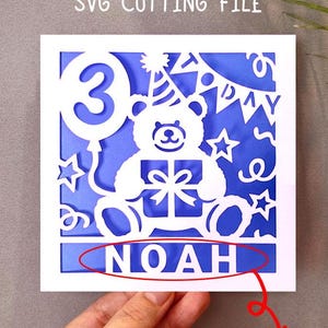 3rd birthday bear card svg, Three Years Old card svg, age 3 birthday svg, Digital download