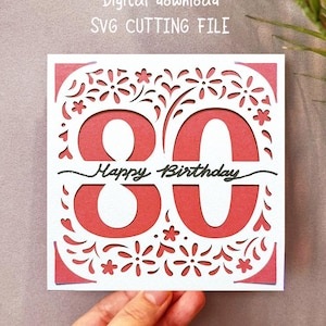 80-årsdagskort SVG-mall: Cricut-insatskort (digital nedladdning 4,75"x4,75")