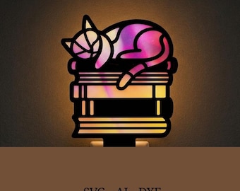 Lámpara de noche con diseño de gato sobre libros (archivo SVG): Archivo de corte para decoración felina (descarga digital)