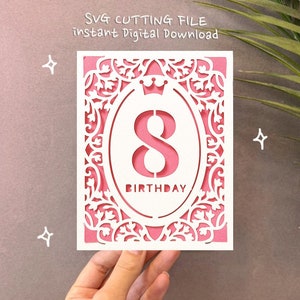 8e meisje verjaardagskaart SVG, 8e cricut kaart, gelukkige verjaardag leeftijd 8 SVG, 8e cricut vreugde kaart, digitale download