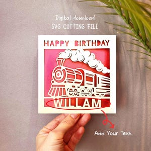 May include: A white card with a red and white train design. The card says "Happy Birthday" and has a space for a name. The name "William" is shown in the image.