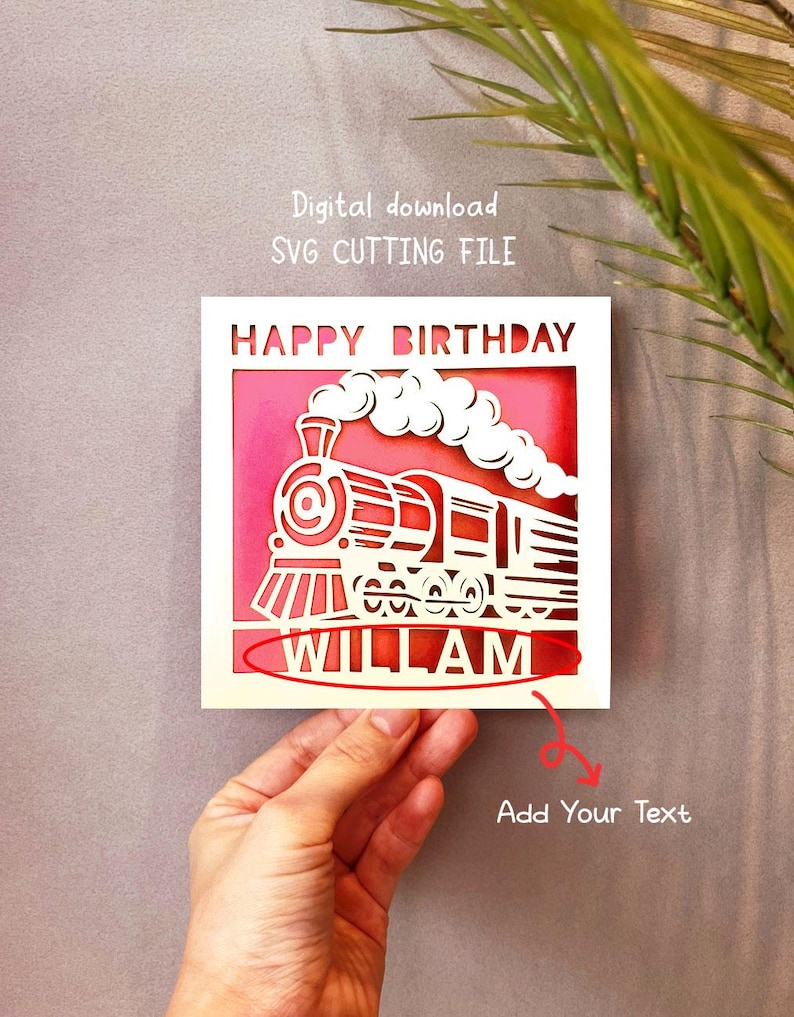 May include: A white card with a red and white train design. The card says "Happy Birthday" and has a space for a name. The name "William" is shown in the image.
