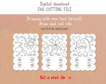 3 Dinosaur valentines day Coloring Card svg, Crayon Holder Card,  Cricut Draw and Cut ,Digital download, 0.4 Tip, Black, Not a print file